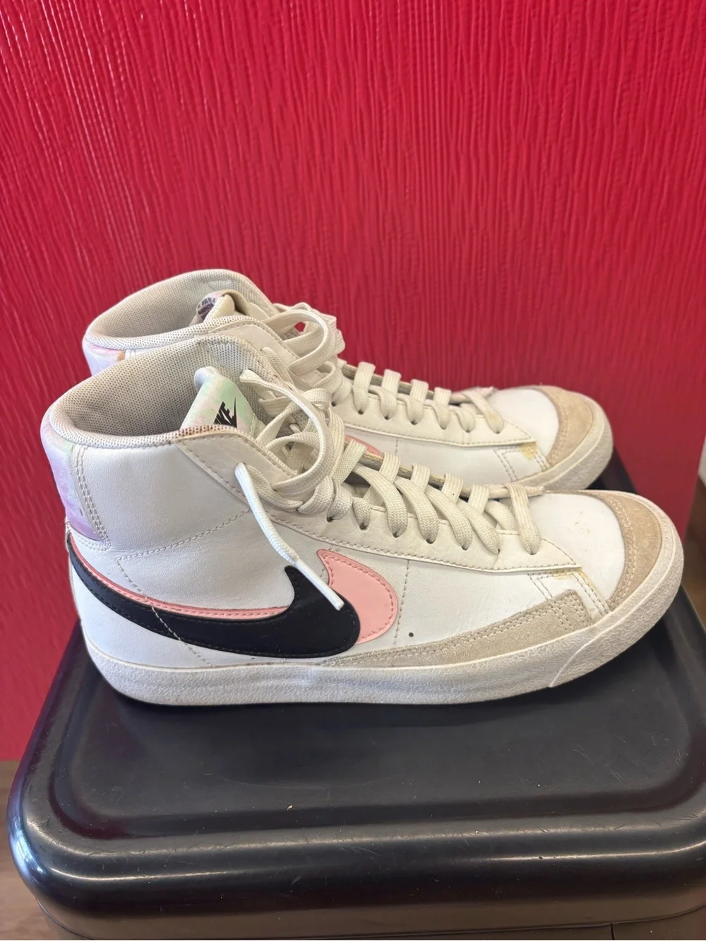 Nike Cream High-Top Sneakers with Pink & Black Swoosh